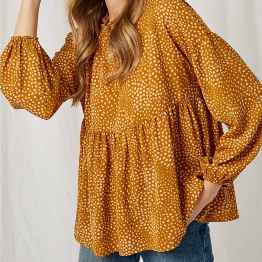 ODDY Women’s Floral Ruffle Babydoll Burnt Orange Tan Feminine Cottagecore Blouse
